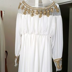Beaded white long sleeve mesh maxi dress